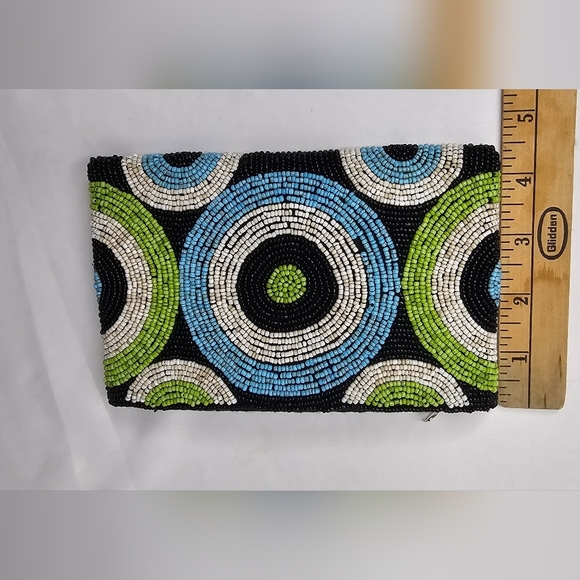 Vintage Beaded Zip Clutch Retro Purse Green & Brown MCM Circle Motif Pouch - Picture 6 of 8